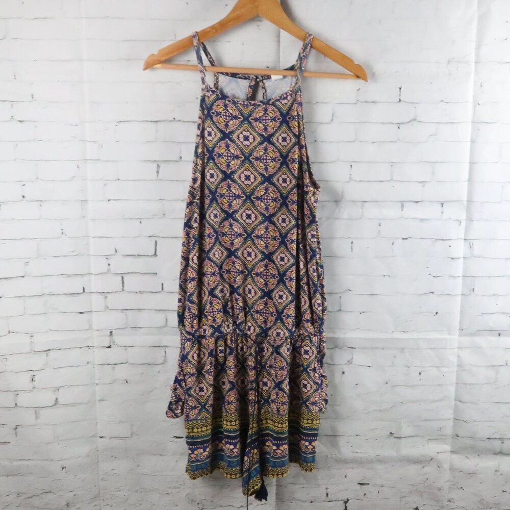 OLD NAVY BLUE MULTI COLOR HIGH NECK SLEEVELESS ROMPER WITH POCKETS SIZE SMALL